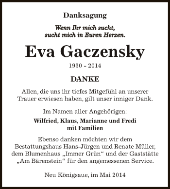 Traueranzeige von Eva Gaczensky von WVG - Wochenspiegel Aschersleben
