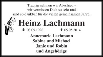 Traueranzeige von Heinz Lachmann von WVG - Wochenspiegel Dessau / Köthen