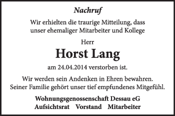 Traueranzeige von Horst Lange von Super Sonntag Dessau / Köthen