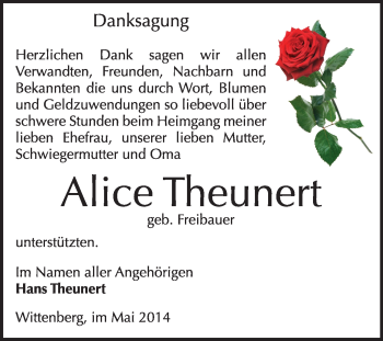 Traueranzeige von Alice Theunert von WVG - Wochenspiegel Wittenberg