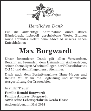 Traueranzeige von Max Borgwardt von Super Sonntag Aschersleben