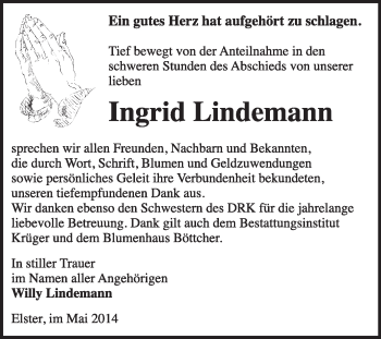 Traueranzeige von Ingrid Lindemann von WVG - Wochenspiegel Wittenberg