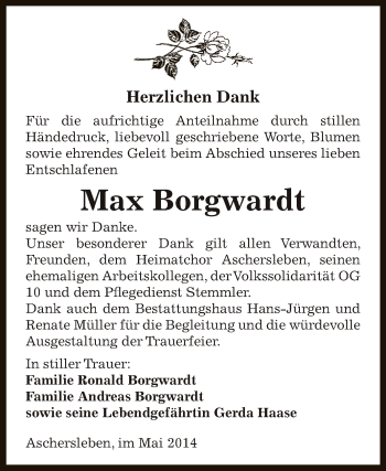 Traueranzeige von Max Borgwardt von WVG - Wochenspiegel Aschersleben