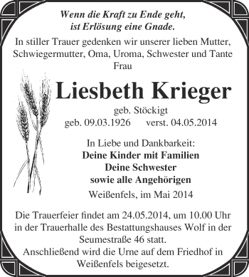 Traueranzeige von Liesbeth Krieger von WVG - Wochenspiegel NMB / WSF / ZTZ