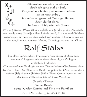 Traueranzeige von Ralf Stöbe von Super Sonntag Merseburg