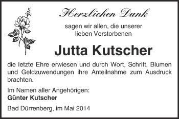 Traueranzeige von Jutta Kutscher von Super Sonntag Merseburg
