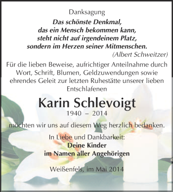 Traueranzeige von Karin Schlevoigt von WVG - Wochenspiegel NMB / WSF / ZTZ