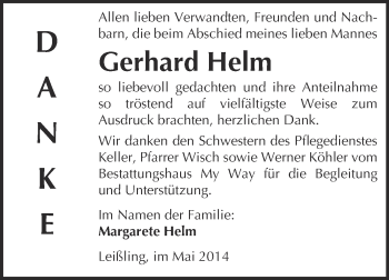 Traueranzeige von Gerhard Helm von WVG - Wochenspiegel NMB / WSF / ZTZ