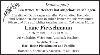 Traueranzeige von Liane Pietschmann von Super Sonntag SGH Mansf. Land