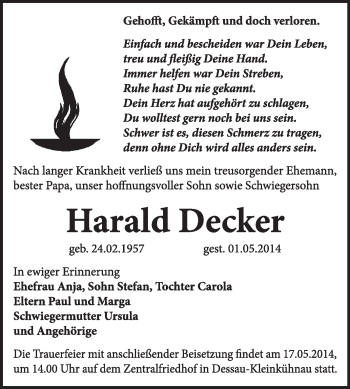 Traueranzeige von Harald Decker von Super Sonntag Dessau / Köthen