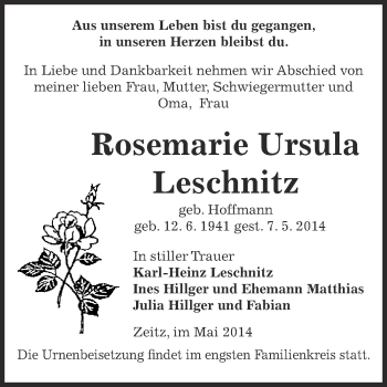Traueranzeige von Rosemarie Ursula Leschnitz von Super Sonntag Zeitz