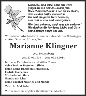 Traueranzeige von Marianne Klingner von Super Sonntag Zeitz