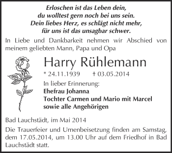 Traueranzeige von Harry Rühlemann von WVG - Wochenspiegel Merseburg