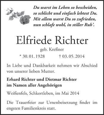 Traueranzeige von Elfriede Richter von Super Sonntag Merseburg