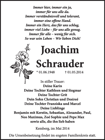 Traueranzeige von Joachim Schrauder von WVG - Wochenspiegel Wittenberg