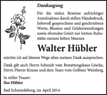 Traueranzeige von Walter Hübler von WVG - Wochenspiegel Wittenberg
