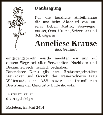 Traueranzeige von Anneliese Krause von Super Sonntag Bernburg