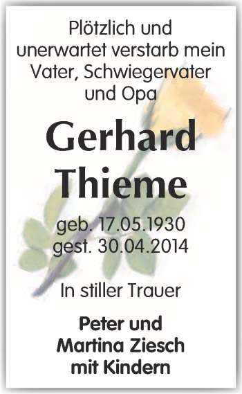 Traueranzeige von Gerhard Thieme von Super Sonntag Merseburg