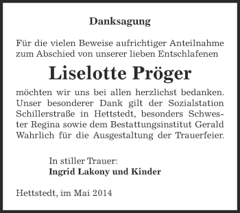 Traueranzeige von Liselotte Pröger von Super Sonntag SGH Mansf. Land
