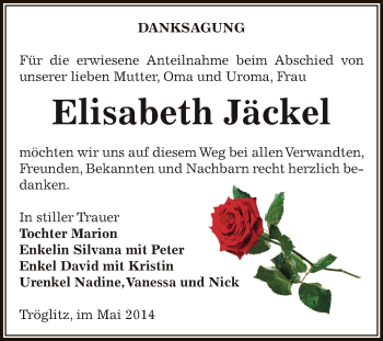 Traueranzeige von Elisabeth Jäckel von Super Sonntag Zeitz