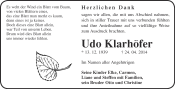 Traueranzeige von Udo Klarhöfer von WVG - Wochenspiegel NMB / WSF / ZTZ