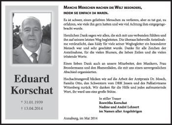 Traueranzeige von Eduard Korschat von WVG - Wochenspiegel Wittenberg