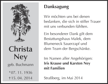 Traueranzeige von Christa Ney von WVG - Wochenspiegel Quedlinburg