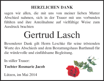 Traueranzeige von Gertrud Lasch von WVG - Wochenspiegel Merseburg