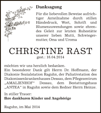 Traueranzeige von Christine Rast von WVG - Wochenspiegel Bitterfeld