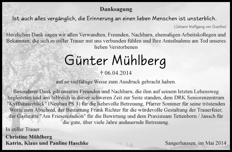  Traueranzeige für Günter Mühlberg vom 11.05.2014 aus Super Sonntag SGH Mansf. Land