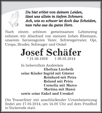 Traueranzeige von Josef Schäfer von WVG - Wochenspiegel Dessau / Köthen