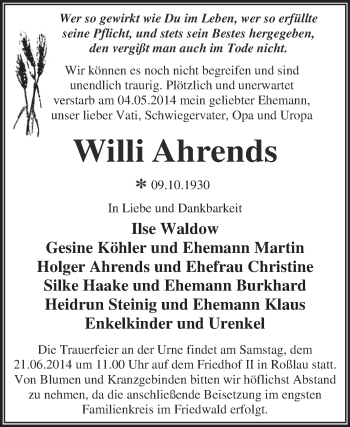 Traueranzeige von Willi Ahrends von WVG - Wochenspiegel Dessau / Köthen