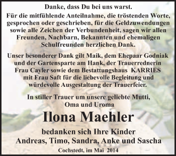 Traueranzeige von Ilona Maehler von WVG - Wochenspiegel Quedlinburg