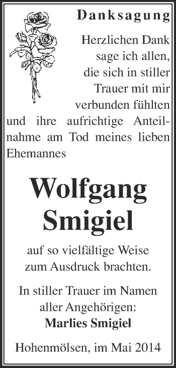 Traueranzeige von Wolfgang Smigiel von WVG - Wochenspiegel NMB / WSF / ZTZ