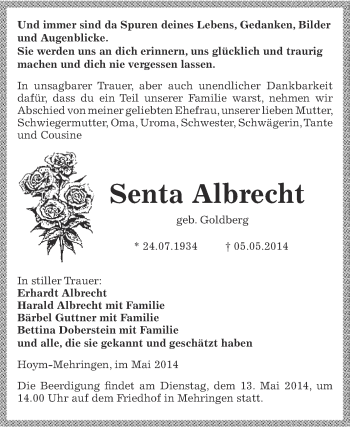 Traueranzeige von Senta Albrecht von Super Sonntag SGH Mansf. Land