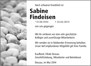 Traueranzeige von Sabine Findeisen von WVG - Wochenspiegel Halle