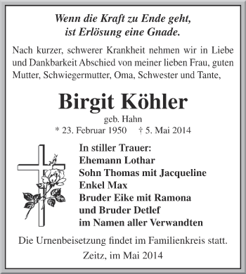 Traueranzeige von Birgit Köhler von Super Sonntag Zeitz