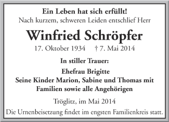 Traueranzeige von Winfried Schröpfer von Super Sonntag Zeitz