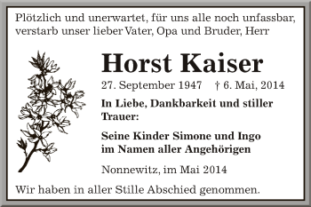 Traueranzeige von Horst Kaiser von Super Sonntag Zeitz