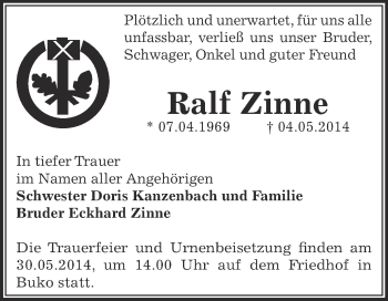 Traueranzeige von Ralf Zinne von WVG - Wochenspiegel Dessau / Köthen