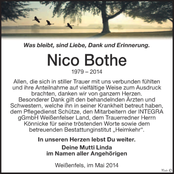 Traueranzeige von Nico Bothe von WVG - Wochenspiegel NMB / WSF / ZTZ