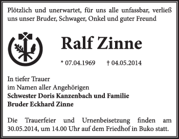 Traueranzeige von Ralf Zinne von Super Sonntag Dessau / Köthen