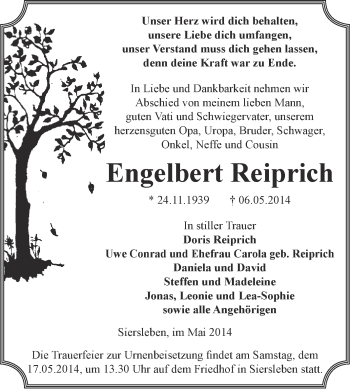 Traueranzeige von Engelbert Reiprich von Super Sonntag SGH Mansf. Land