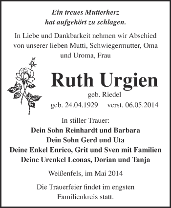 Traueranzeige von Ruth Urgien von WVG - Wochenspiegel NMB / WSF / ZTZ