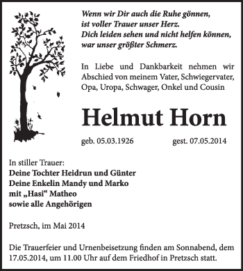 Traueranzeige von Helmut Horn von WVG - Wochenspiegel Wittenberg