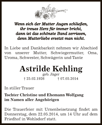 Traueranzeige von Astrilde Kehling von Super Sonntag Bernburg