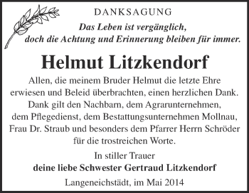 Traueranzeige von Helmut Litzkendorf von Super Sonntag Merseburg