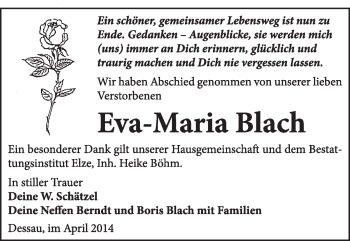 Traueranzeige von Eva-Maria Blach von Super Sonntag Dessau / Köthen