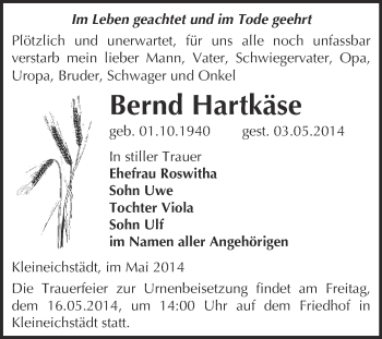 Traueranzeige von Bernd Hartkäse von WVG - Wochenspiegel NMB / WSF / ZTZ
