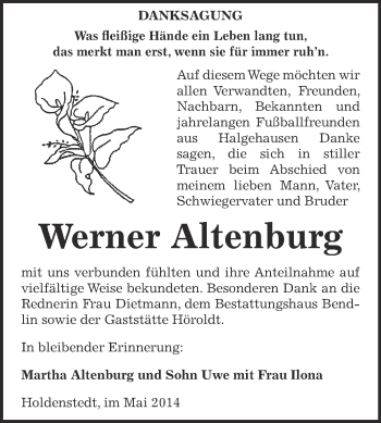 Traueranzeige von Werner Altenburg von Super Sonntag SGH Mansf. Land